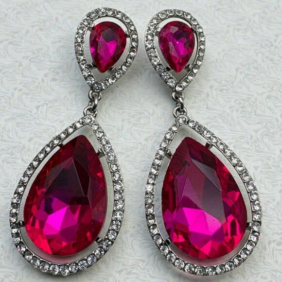 Hot Pink Teardrop Dangle Earrings Large Rhinestone Bling Silver Tone - Picture 1 of 6